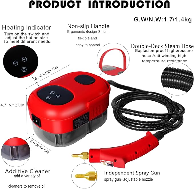 2500W Handheld Steam Cleaner,Steamer for Cleaning,15SFast Heating High Pressure Portable Steam Cleaner (Red-(New Version))