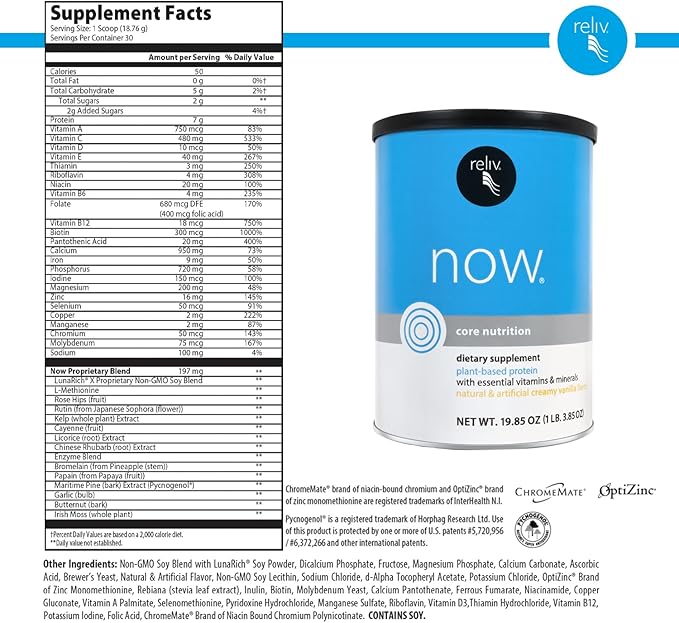 RELIV Now with Soy, Creamy Vanilla - Plant-Based Protein Shake with 7g Protein and Minerals, Dairy-Free, Gluten-Free, 30 Servings, 19.85 oz