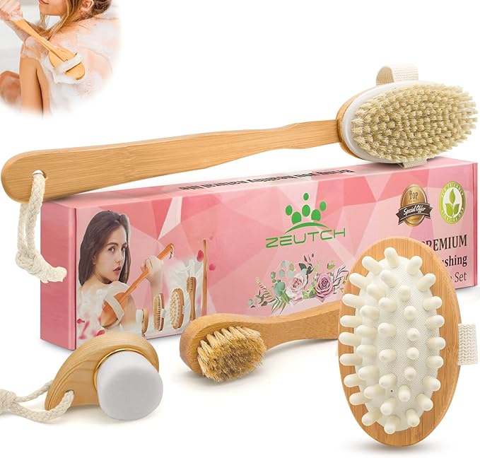 Premium Dry Brushing Body Brush Set for Lymphatic Drainage and Cellulite Treatment, Boar Bristle Long Handle Face Cleansing Brush for A Glowing Skin, 5 Pack