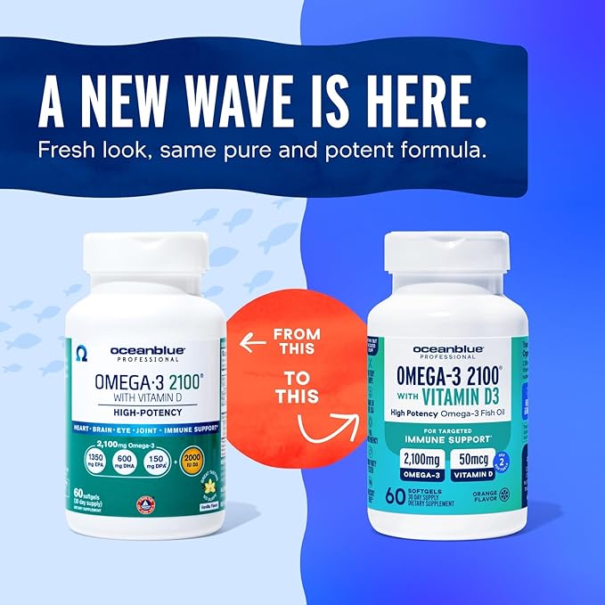 Oceanblue Professional Omega-3 2100 with Vitamin D3 – 120 ct - 2pack – Triple Strength Burpless Fish Oil Supplement with High-Potency EPA, DHA, DPA and Vitamin D3 – Wild-Caught – Orange Flavor