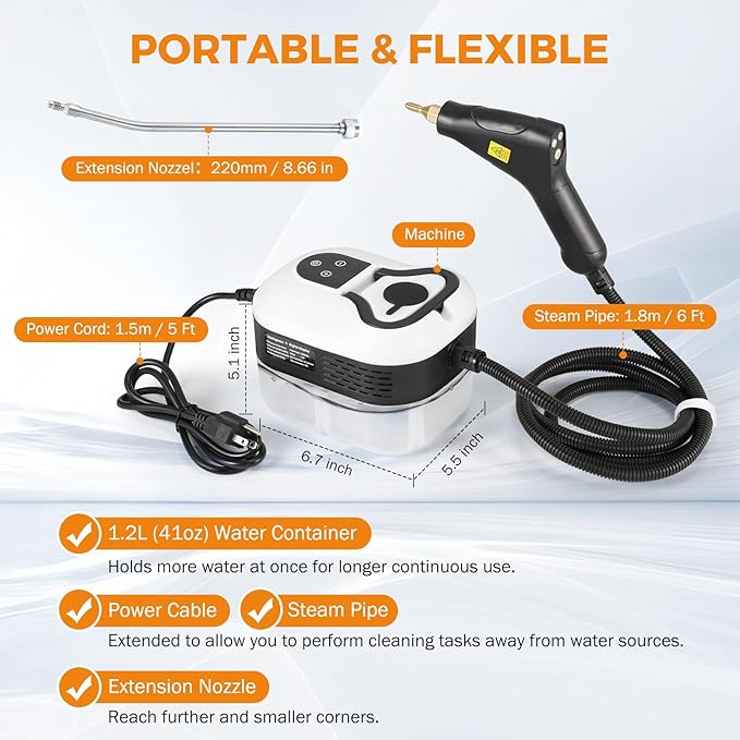 BEAMNOVA Steam Cleaner for Car Detailing 1.2L (41oz) Water Container Handheld Steamer for Cleaning Portable Steam Gun High Pressure Multipurpose Steam Machine, White