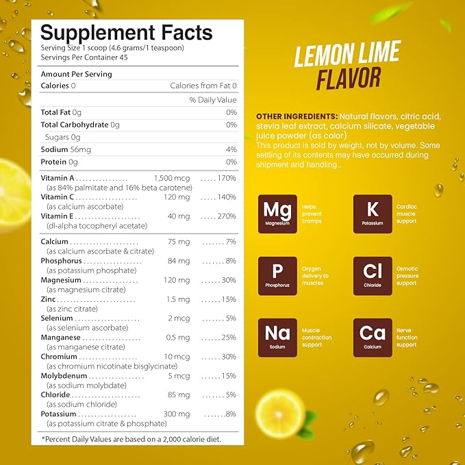 Electrolyte Powder - Refreshing Workout Recovery Electrolytes, Sugar Free, Gluten Free & Vegan, Pure Keto & Paleo Hydration Beverage, Immune Boosting Vitamins (198 Grams, Lemon Lime)