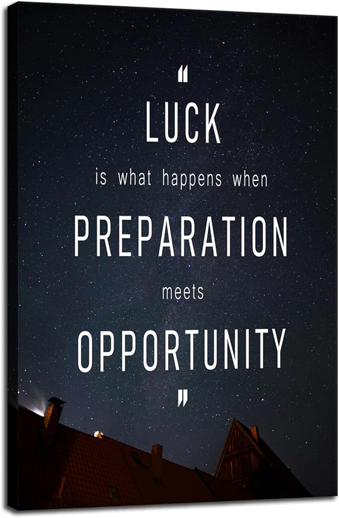 Motivational Wall Decor "Luck Is Preparation Meets Opportunity"Positive Quote Inspirational Wall Art for Bedroom Home Office Decor Gym Framed Printed Canvas Poster Ready to Hang [12" W X 18" H]