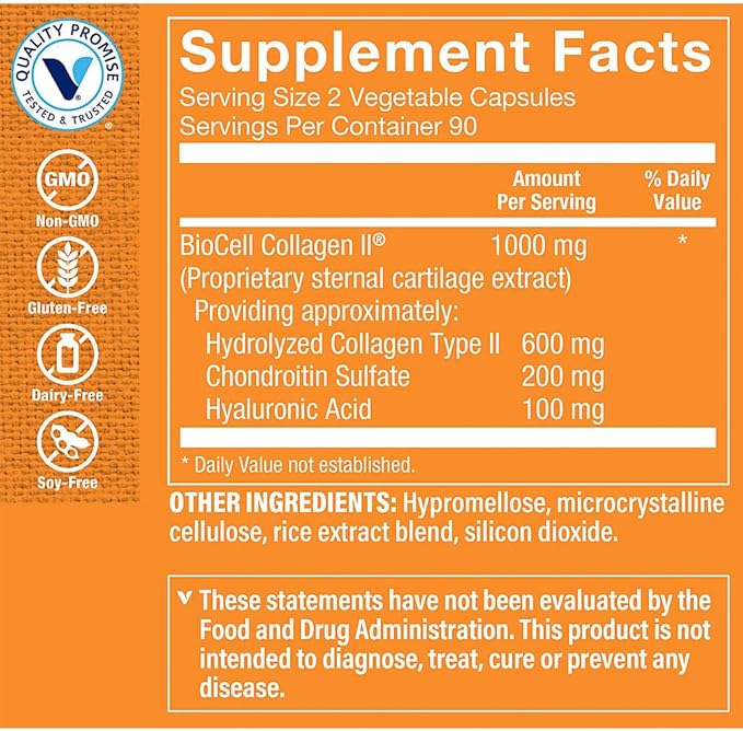 The Vitamin Shoppe Biocell Collagen II with Hyaluronic Acid 1000mg - Promotes Healthy Skin, Joints & Cartilage - Supports Hydration & Elasticity - for Daily Wellness (60 Vegetable Capsules)