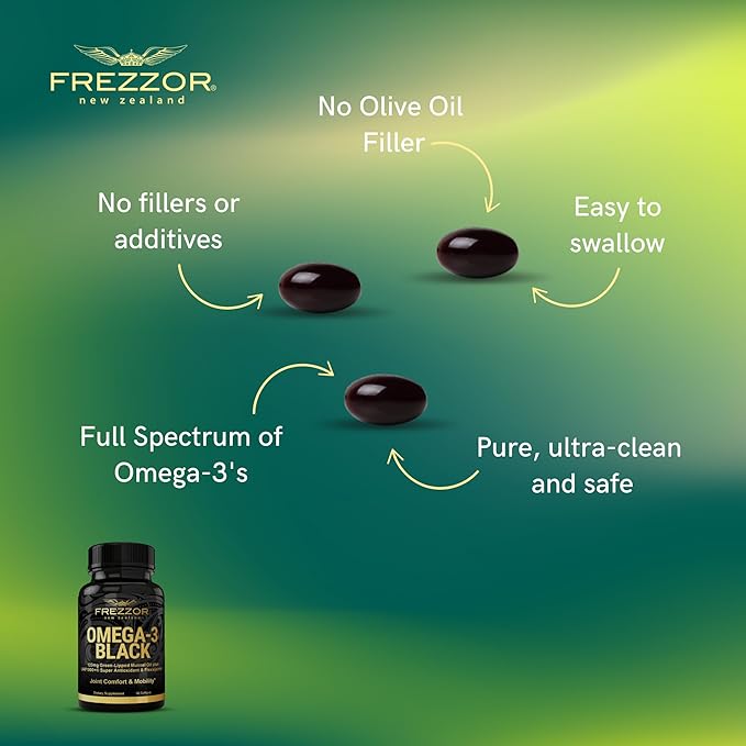 FREZZOR Omega 3 Black for Joint Care & Comfort - New Zealand Green Lipped Mussel Oil Capsules; 53x Higher Potency with UAF1000+ Super Antioxidant, No Fishy Aftertaste, 60 Count (Pack of 2)