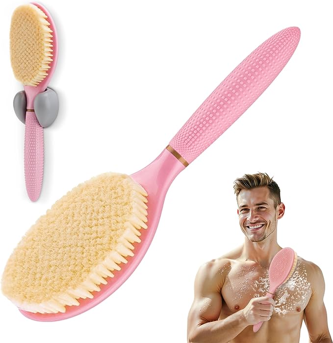 New Body Brush for Wet or Dry Brushing, Anti-Slip Corn-Handle Shower Brush with Large Dual-Side Head & Soft Bristles, Easy-to-use Bath Brushes for Lathering Cleansing(Pink-S)
