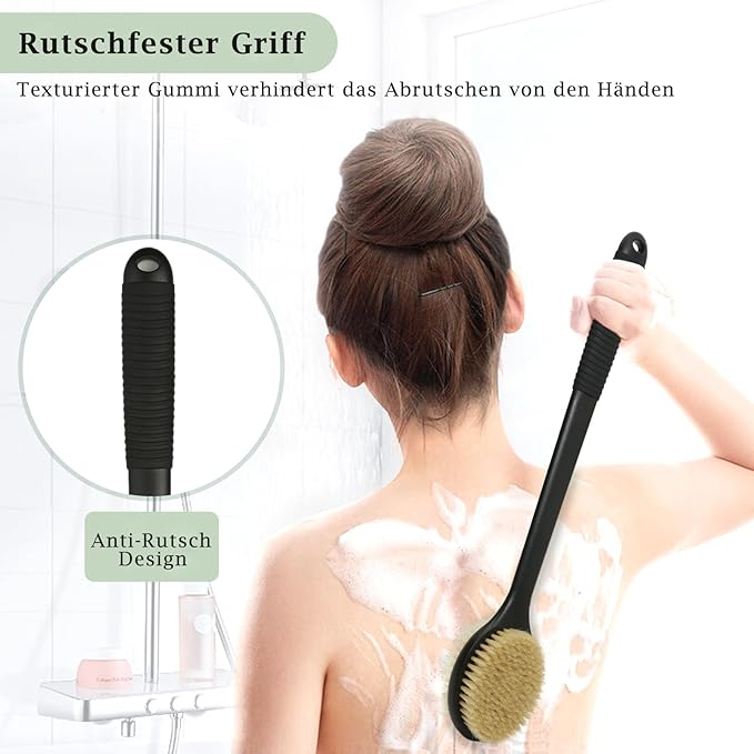 17 Inch Anti-Slip Long Handle Back Scrubber for Shower, Dual-Sided Shower Brush with Soft and Stiff Bristles, Shower Back Scrubber for Wet or Dry Brushing (Black)