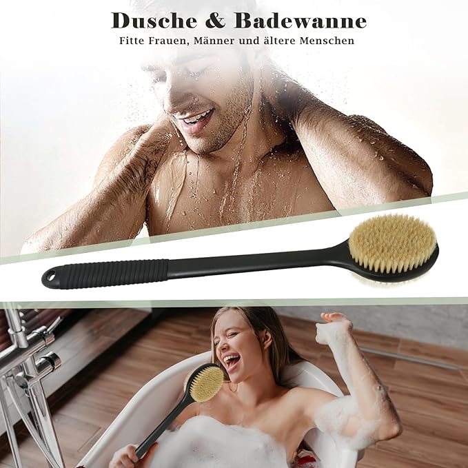 17 Inch Anti-Slip Long Handle Back Scrubber for Shower, Dual-Sided Shower Brush with Soft and Stiff Bristles, Shower Back Scrubber for Wet or Dry Brushing (Black)