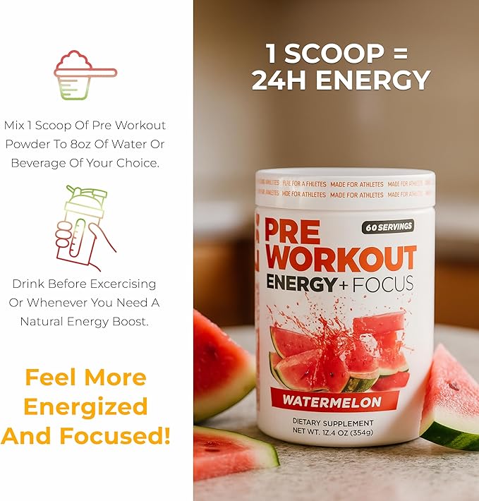 About Time Pre Workout Energy + Focus, Watermelon | 60mg Caffeine from Green Tea, Natural Flavors, No Jitters or Crashes, No Stim, Gluten Free, Sugar Free, 60 Servings