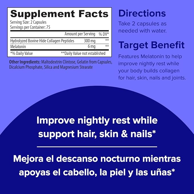 Sanar Naturals Collagen Pills Beauty Sleep with Melatonin 6 mg - Boost Hair Skin Nails Joints - Hydrolyzed Collagen Peptides Supplement, 150 Capsules