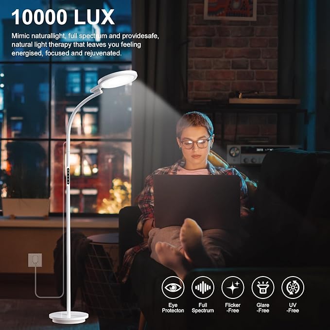 Light Therapy Lamp 10000 Lux, LED UV-Free Sunlight Lamp, Full Spectrum Floor Happy Therapy Lamp with Remote for Home/Office/Reading/Relaxation (WhiteA)