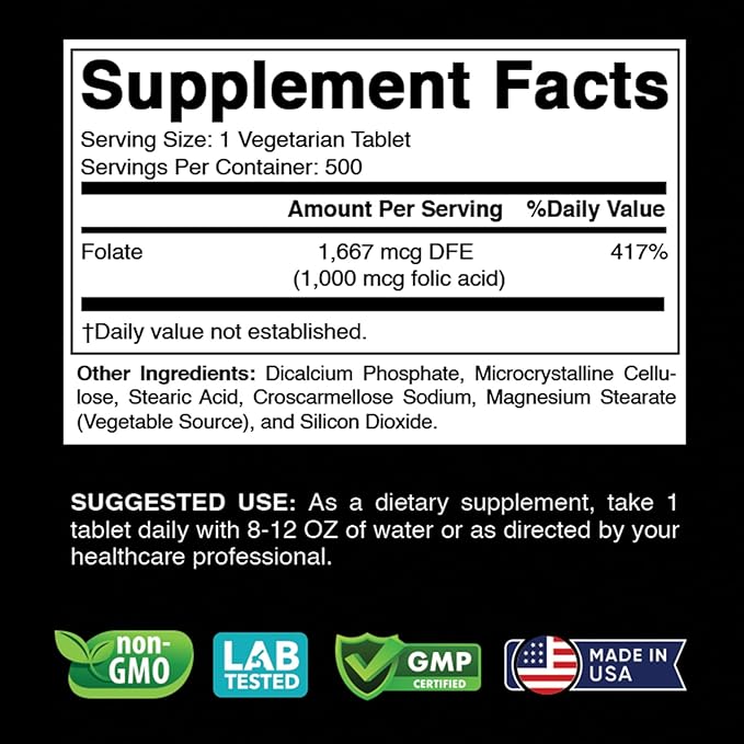 Folic Acid 1 mg (1000 mcg) (Vitamin B9) - 500 Vegetarian Tablets - an Essential Prenatal and Postnatal Vitamin