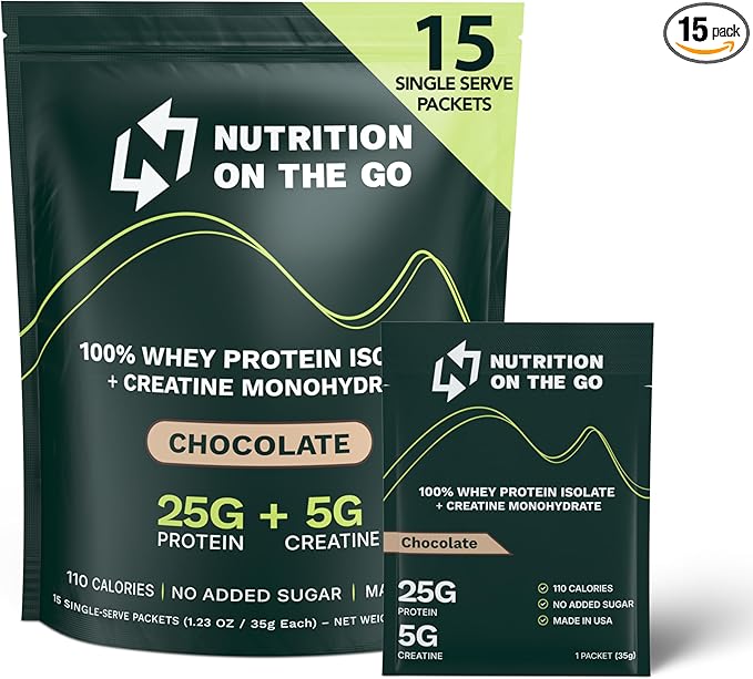 Travel Whey Protein Isolate Packets – Single-Serve Protein Powder – 25g Protein + 5g Creatine – Chocolate (15-Pack)
