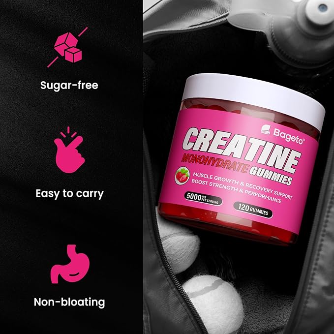 Creatine Monohydrate Gummies 5g for Men Women,Sugar Free Chewables Creatine Pre-Workout for Muscle Strength, Strawberry and Green Flavor, 120 Count