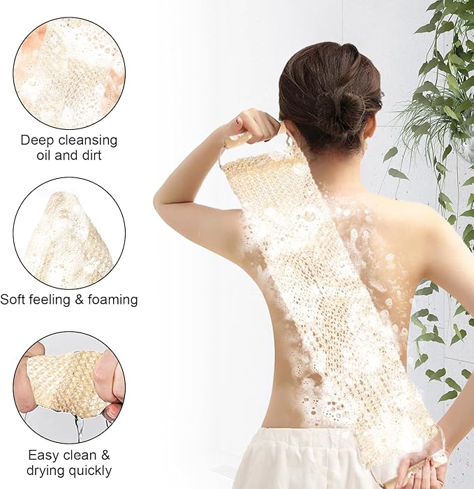 2 Pcs Exfoliating Back Scrubber with Wooden Handles, 20 Inch Long Sisal Exfoliating Bath Towel