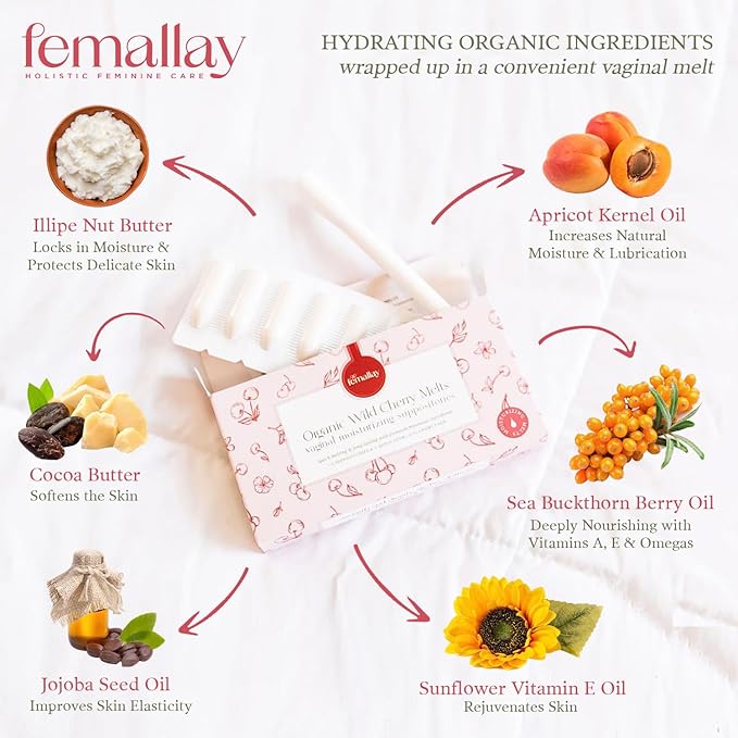 Femallay Organic Vaginal Moisturizing Suppository Melts - 100% Natural Suppositories for Vaginal Odor and Dryness Relief, Ultra-Hydrating Fast-Acting Comfort (Wild Cherry- 2 Pack)