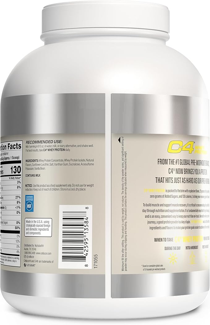 Cellucor C4 Whey Protein Powder, Vanilla Bean - 25g Protein, 0g Added Sugar, 130 Calories Per Serving, Supports Muscle Recovery, 66 Servings, Premium Whey for Post-Workout