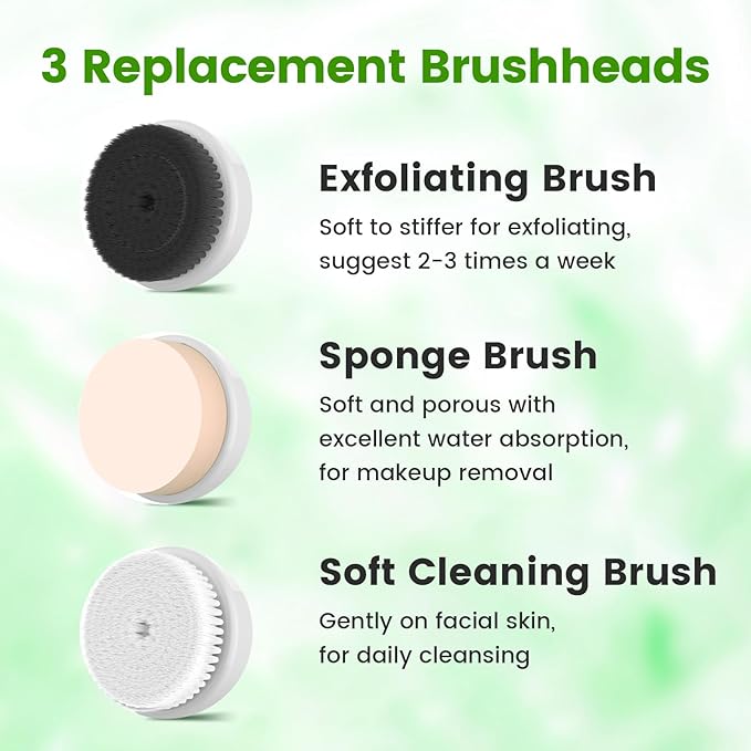 Rechargeable Face Scrubber, Electric Facial Cleansing Brush with Exfoliator and Sponge Brushheads, 3 Speeds Face Wash Brush, Gentle face exfoliator Brush for Men Women