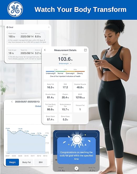GE Smart Scale for Body Fat, BMI Muscle Mass Digital Bathroom Weight Scales Bluetooth Electronic Body Composition Monitor for People with App Large Display, Accurate 400lb Weighing