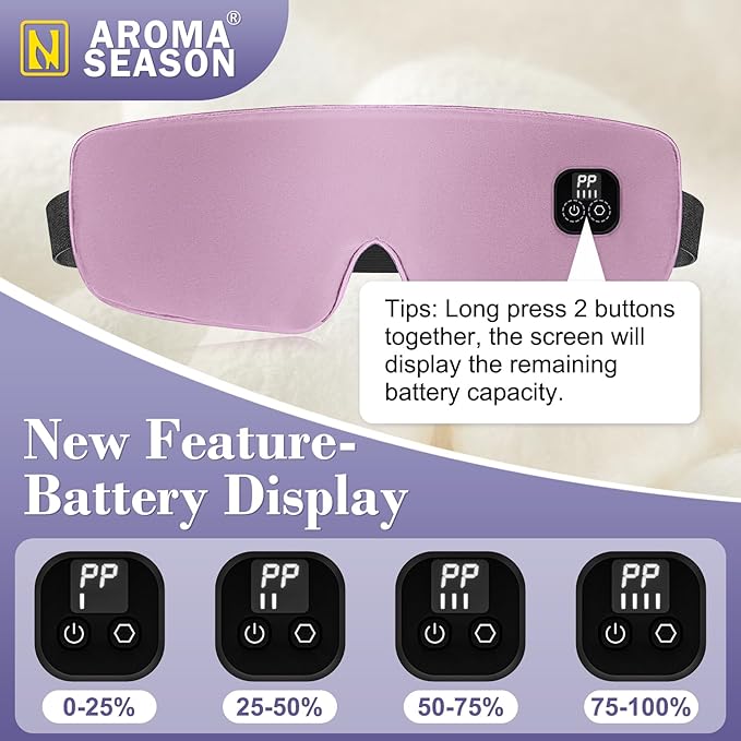Aroma Season Silk Heated Eye Mask Cordless, 1500mAh Warm Eye Compress for Dry Eyes, Blepharitis, 4 Time Levels and 4 Temperature Settings, Washable (Light Purple Pink)
