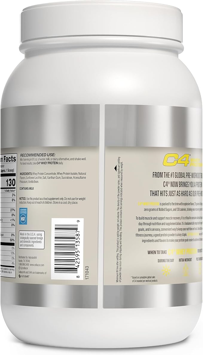 Cellucor C4 Whey Protein Powder, Vanilla Bean - 25g Protein, 0g Added Sugar, 130 Calories Per Serving, Supports Muscle Recovery, 28 Servings, Premium Whey for Post-Workout