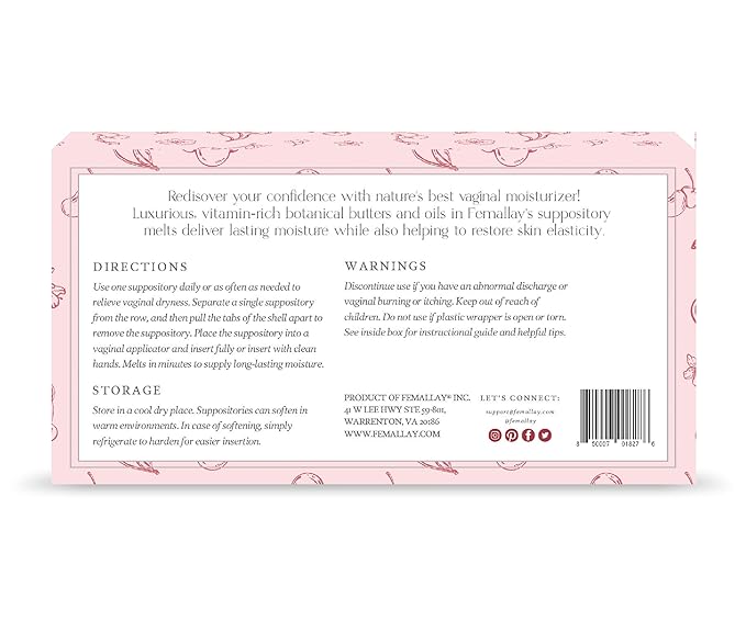 Femallay Organic Vaginal Moisturizing Suppository Melts - 100% Natural Suppositories for Vaginal Odor and Dryness Relief, Ultra-Hydrating Fast-Acting Comfort (Wild Cherry)