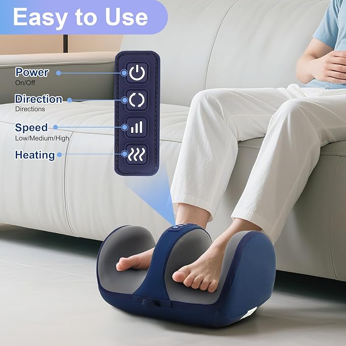 Shiatsu Foot Massager with Heat, Foot and Calf Massager for Circulation and Pain Relief, Plantar Fasciitis, Massage Feet/Arm/Calf/Ankle with Kneading Rolling, Gifts for Women & Men, Blue