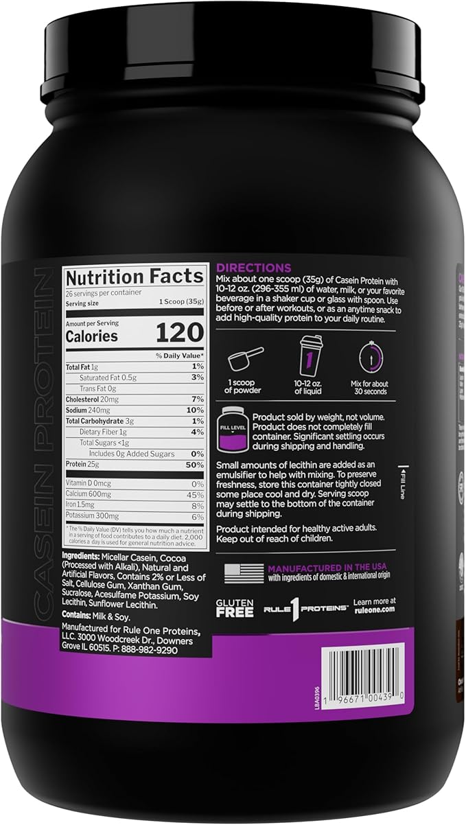 Rule 1 Casein Protein - 25g Protein and 11g EAAs Per Serving from Slow-Release Micellar Casein for Overnight Recovery and Sustained Delivery Between Meals (2 Pounds*, Chocolate Fudge)