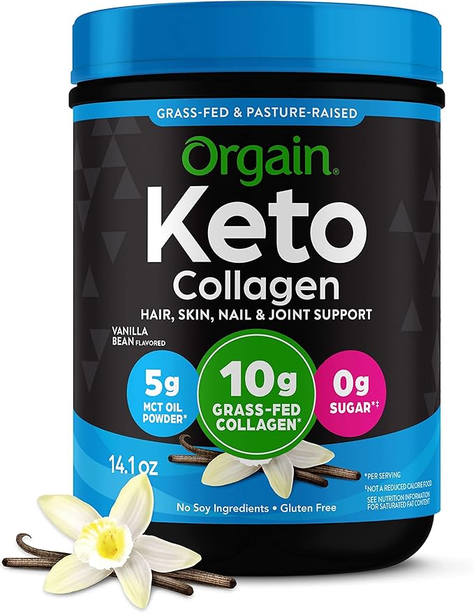 Orgain Keto Collagen Protein Powder with MCT Oil, Vanilla - Paleo Friendly, Grass Fed Hydrolyzed Collagen Peptides Type I and III, Dairy Free, Gluten Free, Soy Free, 0.88 Lb (Packaging May Vary)