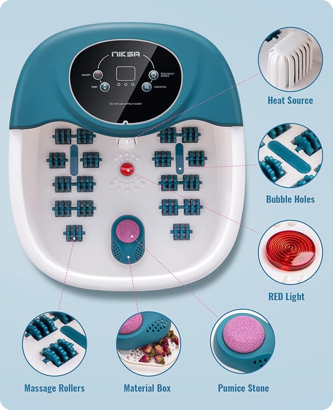 Foot Spa Bath Massager with Heat, Bubble, Vibration and Temperature Control, 22 Massaging Rollers Foot Soak Tub for Foot Pain Relief, Pedicure Foot Soaker with Acupressure Massage Points & Red Light