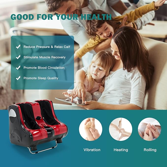 Giantex Foot and Calf Massager with Heat - Shiatsu Foot Massager Machine with Vibration, Deep Kneading, 3-Level Intensity Modes, Electric Foot Massager for Tired Feet, Leg, Calf Pain Relief (Red)