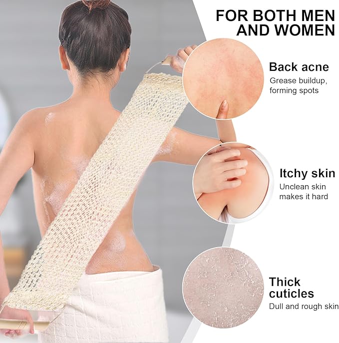 2 Pcs Exfoliating Back Scrubber with Wooden Handles, 20 Inch Long Sisal Exfoliating Bath Towel