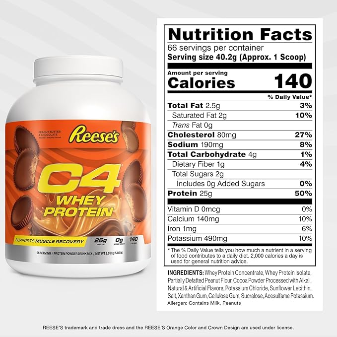 Cellucor C4 Whey Protein Powder, Reese’S Peanut Butter & Chocolate - 25g Protein, 0g Added Sugar, 140 Calories Per Serving, Supports Muscle Recovery, 66 Servings, Premium Whey for Post-Workout