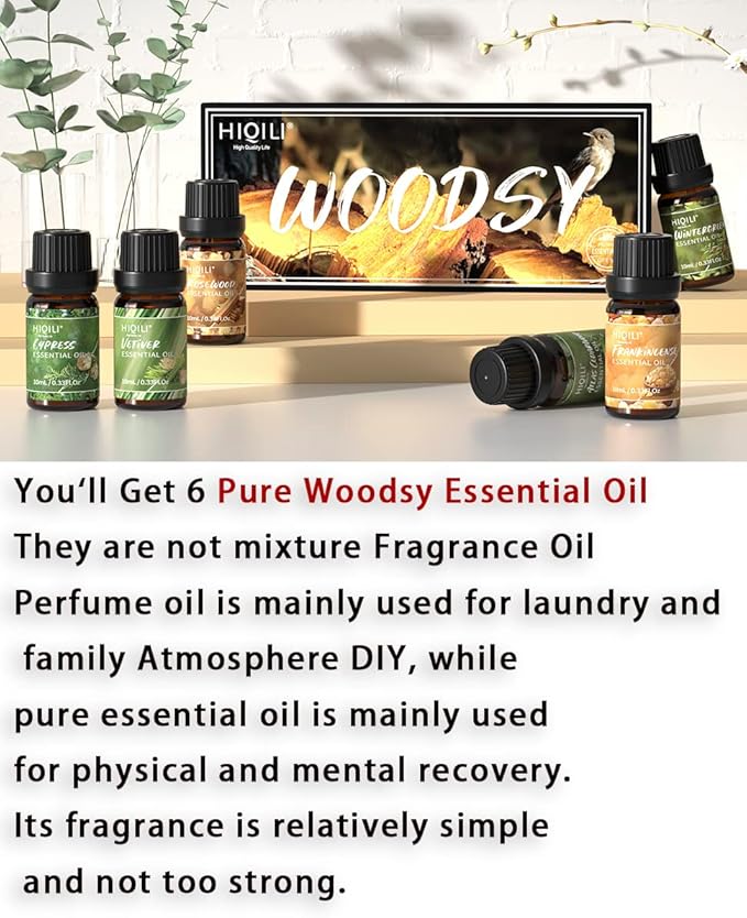 HIQILI Woodsy Fragrance Oil Set for Aromatherapy Diffuser, Ideal for DIY Candles & Perfume Making, Massage Oil - Cedarwood, Wintergreen, Frankincense, Vetiver, Rosewood, Cypress - 6x10ml