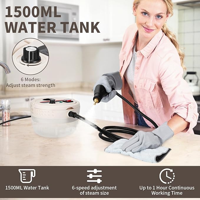Steam Cleaner,10s Heat-Up,1.4L Tank,6 Level Adjustable Steamer,2500W Steamer for Cleaning,Portable Handheld Steamer with 12PCS Accessories,Suit for Home,Car,Dirt,Grease,Grout,Tile,Couch(White)