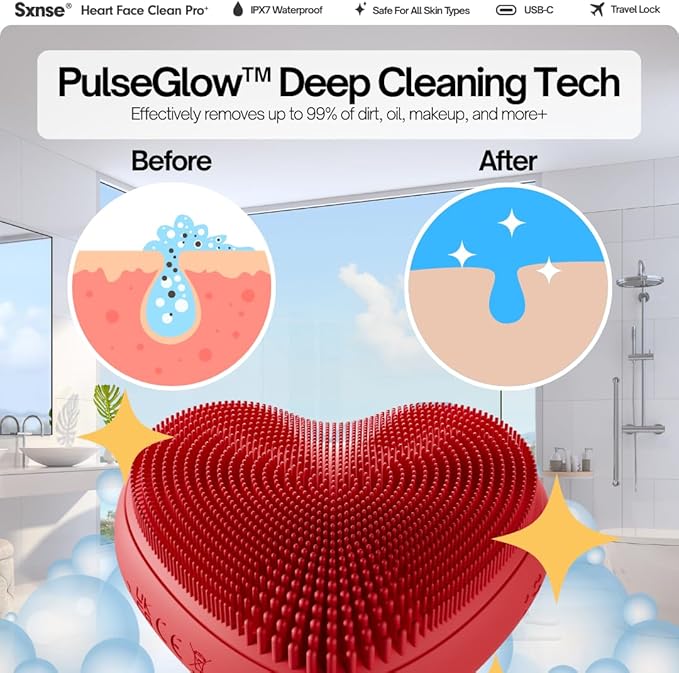 Heart Face Clean Pro⁺ Electric Facial Cleansing Brush - Silicone Facial Scrubber for Acne - IPX7 Waterproof, Rechargeable Exfoliator with Slip-Free Grip & 3 Speed Settings - Phthalate-Free - Cherry