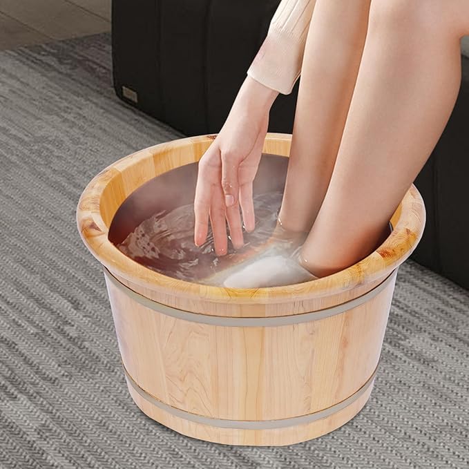 Wooden Foot Bath Bucket Foot Soaking Bath Basin with Lid Wood Footbath Barrel with Massage Roller Pedicure Barrel for Spa, Massage, Sauna 12.2 * 9.84in (Log Color)
