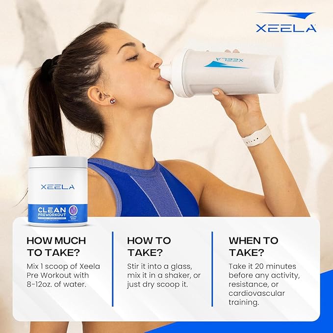 XEELA Pre Workout Powder - Clean & Tested - Jitter Free, Safe, and Natural - Increase Thermogenic Energy, Focus, and Endurance w/Creatine, Organic Caffeine, and Plant Based Citrulline (Grape Soda)