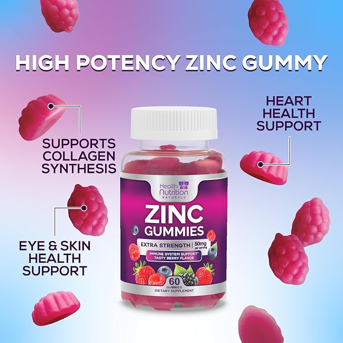 Zinc Supplement 50mg Gummies for Adults - Max Strength Skin Health & Immune Support Gummy, Vegan, Non-GMO & Gluten Free, Nature’s Antioxidant & Bone Health Chewable Tasty Berry Flavor - 60 Gummies