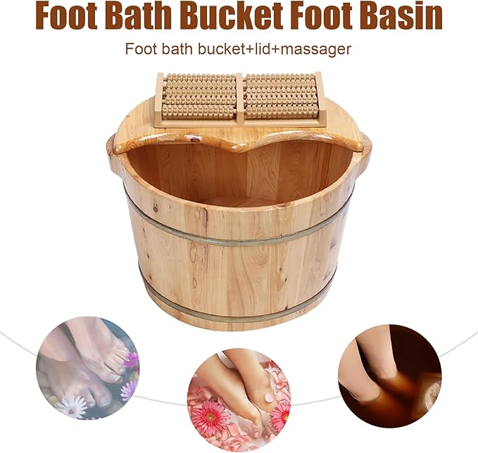 DouSeiAi Wood Foot Tub with Massager, lid and Massage Roller, Solid Wood Handmade Wooden Foot Basin Set for Soaking Feet Spa Foots Care
