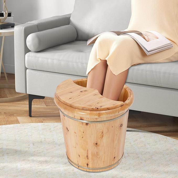 Wooden Foot Bath Bucket Foot Soaking Bath Basin with Lid Wood Footbath Barrel with Wooden Stool Pedicure Barrel for Spa, Massage, Sauna 15.75 * 15.75in (Wood Color)