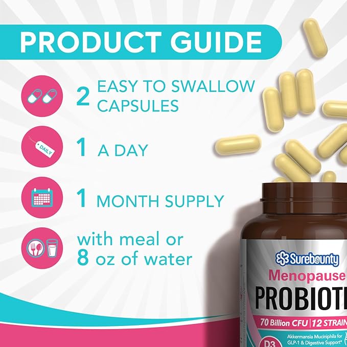 Menopause Probiotic Supplement for Women, 70 Billion CFU, with Akkermansia Muciniphila, Vitamins B6 & D3, Botanicals, for Hormone Balance, Hot Flashes, Night Sweats, Gut Health, 60 Capsules