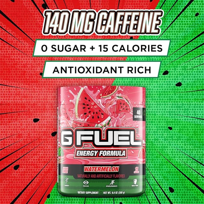 G fuel Watermelon Energy Drink Powder, Pre Workout Caffeine Mix for Gaming, Sugar Free Focus Amino, Vitamin + Antioxidants, 9.9oz (Watermelon, 40 Servings)