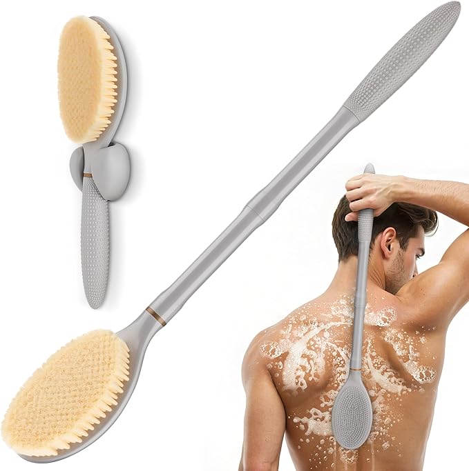 New Back Scrubber Anti-Slip for Shower, 18.9‘’ Adjustable Shower Back Scrubber with Dual-Side Head & Soft Bristles, Extra-Long Shower Brush Bath Brush for Lathering Cleansing(Gray-L)