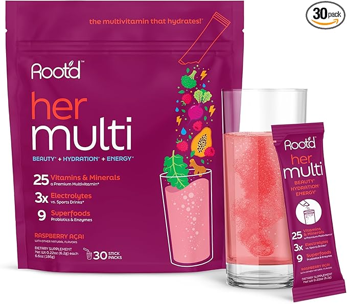 Root'd Multivitamin Powder for Women - 25 Vitamins & Minerals with 3X Electrolytes, 9 Organic Superfoods, Probiotics & Enzymes, Sugar-Free Multivitamin & Hydration | 30 Vitamin Drink Mix Packets
