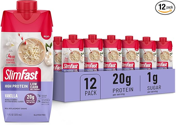 SlimFast Protein Shake, Vanilla- 20g Protein, Meal Replacement Shake Ready to Drink, High Protein with Low Carb and Low Sugar, 24 Vitamins and Minerals, 12 Count (Pack of 1) (Packaging May Vary)