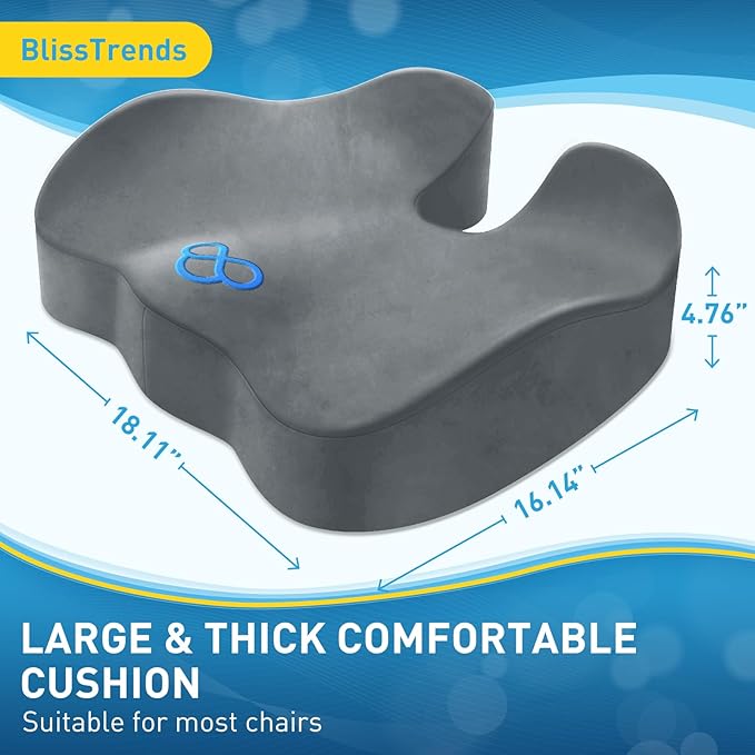 BlissTrends Seat Cushion,Thick Memory Foam Cushions for Office Chair, Car Seat, Airplane, Relieving Pressure Tailbone Sciatica Back Pain for Office Workers, Car Drivers 4.7in Thick LightGrey