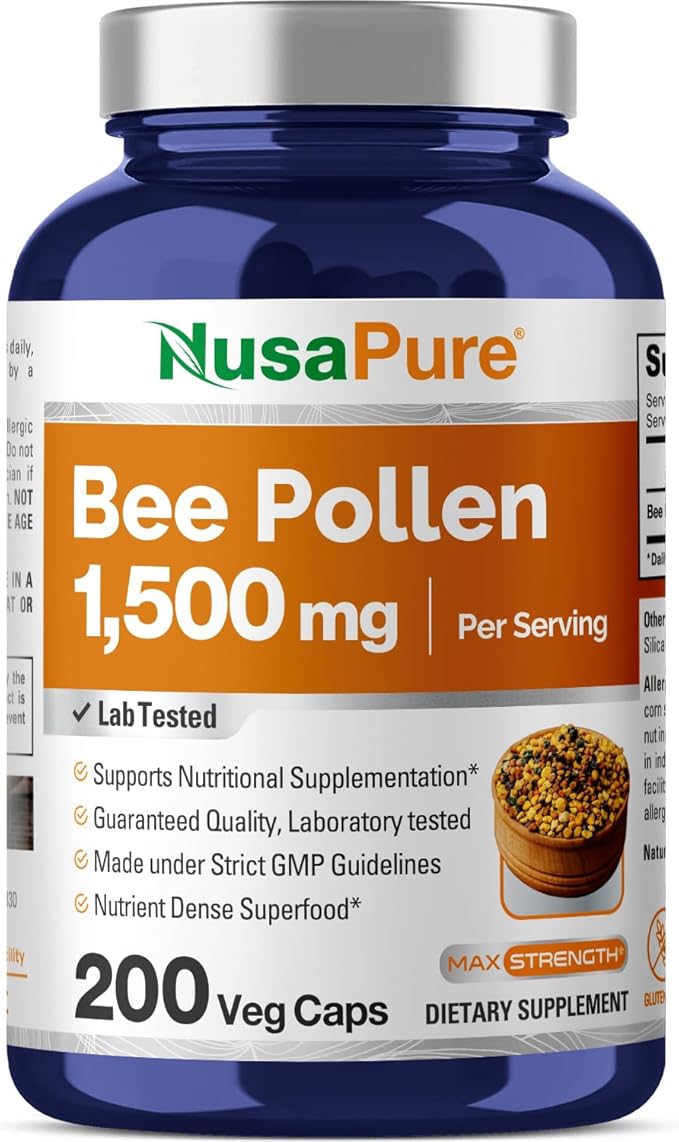 NusaPure Bee Pollen 1500mg 200 Veggie Caps (100% Vegetarian, Non-GMO, Gluten Free) Naturally Occurring Proteins, Aminoacids*