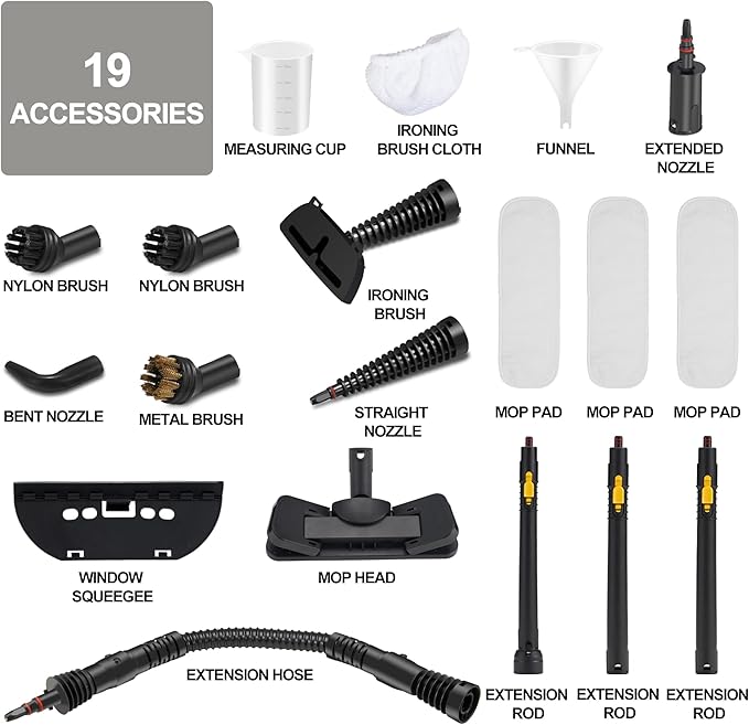 Handheld Steam Cleaner, Portable Steamer with Mop, 350ml Large Capacity,16-Piece Accessory Set for Floor, Car, Carpet, Upholstery, Couch, Tile, Windows Cleaning