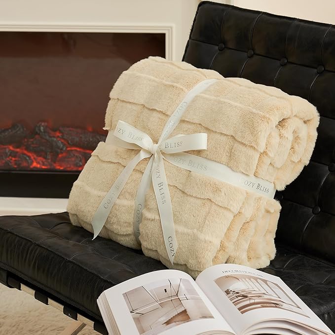 Cozy Bliss Fluffy Faux Fur Throw Blanket for Couch,Lightweight Cozy Soft Beige Throw Blankets for Sofa Bed Living Room,50x60 Inches